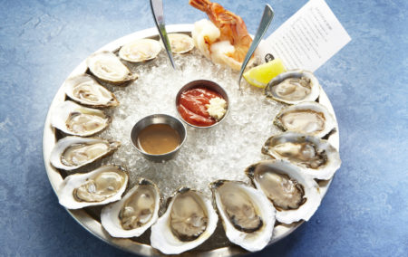 Blue background with oysters on ice