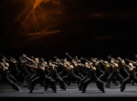 A group of modern dancers wearing loose black pants raising their arms toward stage left in unison