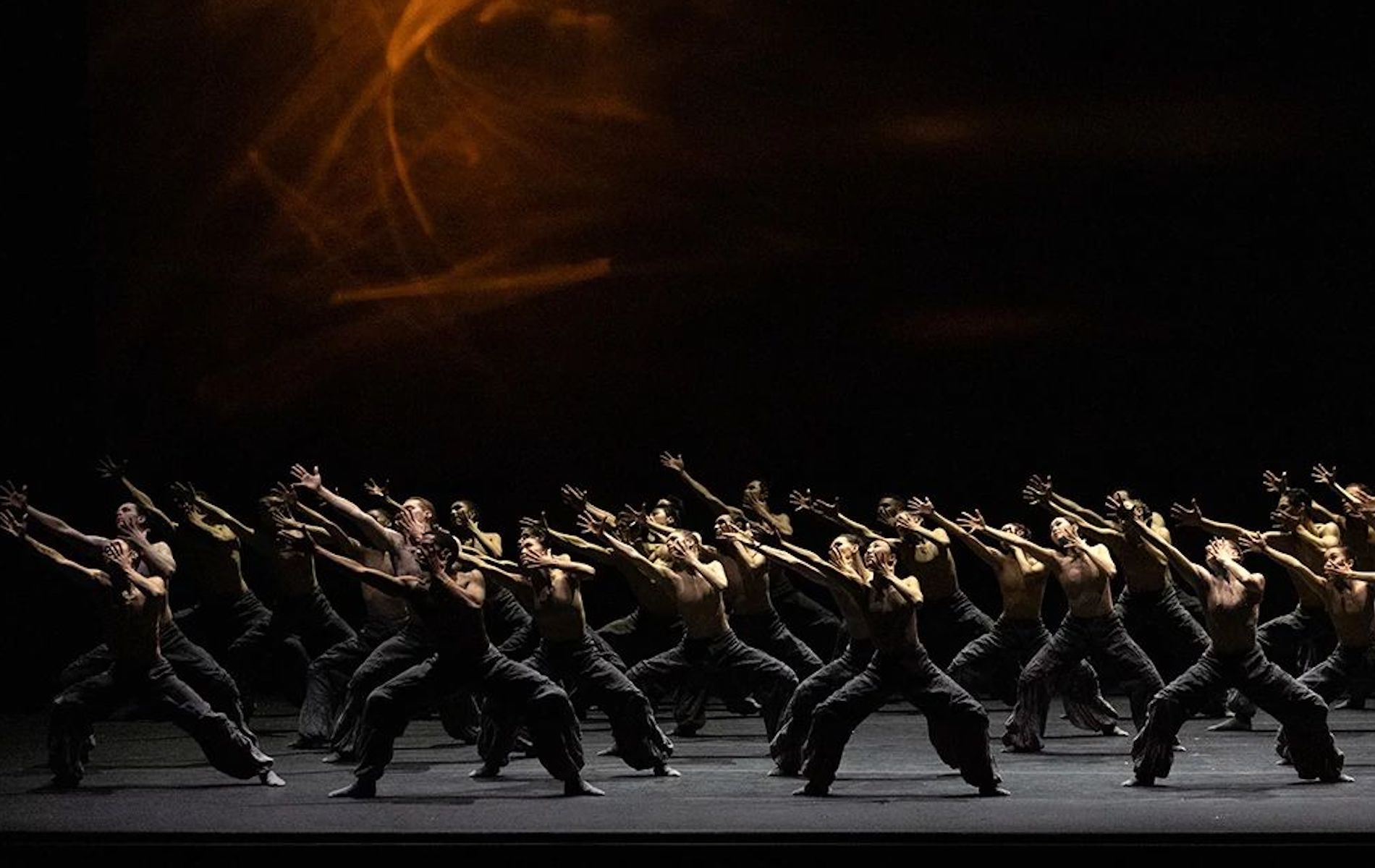 A group of modern dancers wearing loose black pants raising their arms toward stage left in unison