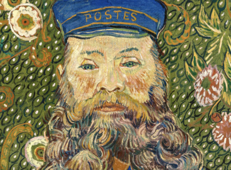 Van Gogh painting of bearded man on green background with white dots wearing blue hat