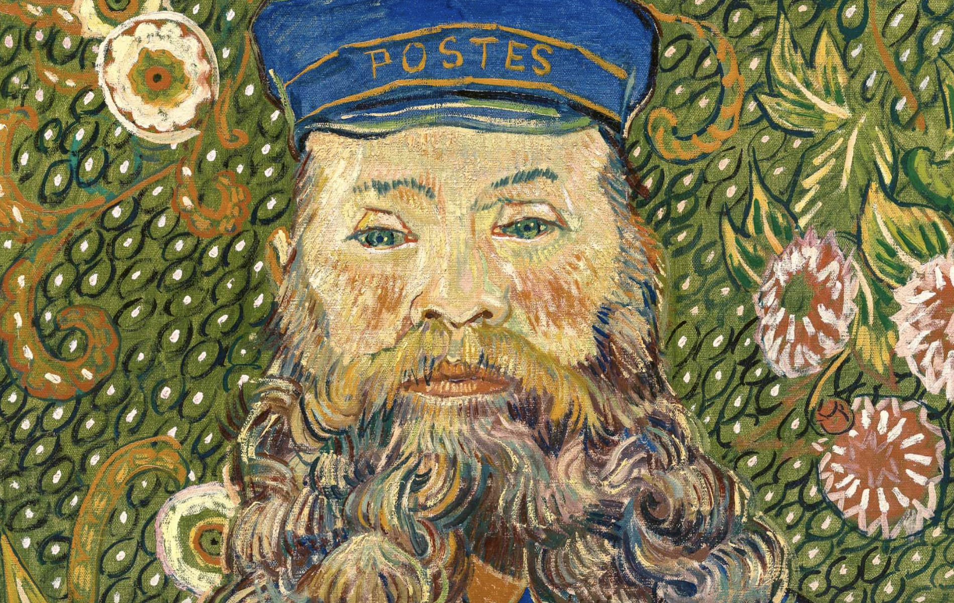 Van Gogh painting of bearded man on green background with white dots wearing blue hat