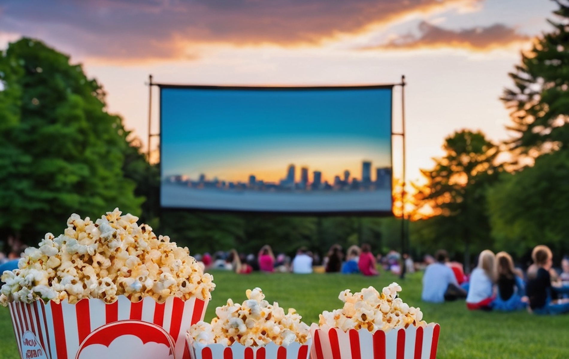 three red and white stripped boxes filled to the top with popcorn in the background a movie screen against a sunset sky with a. city skyline. a green tree on right and left